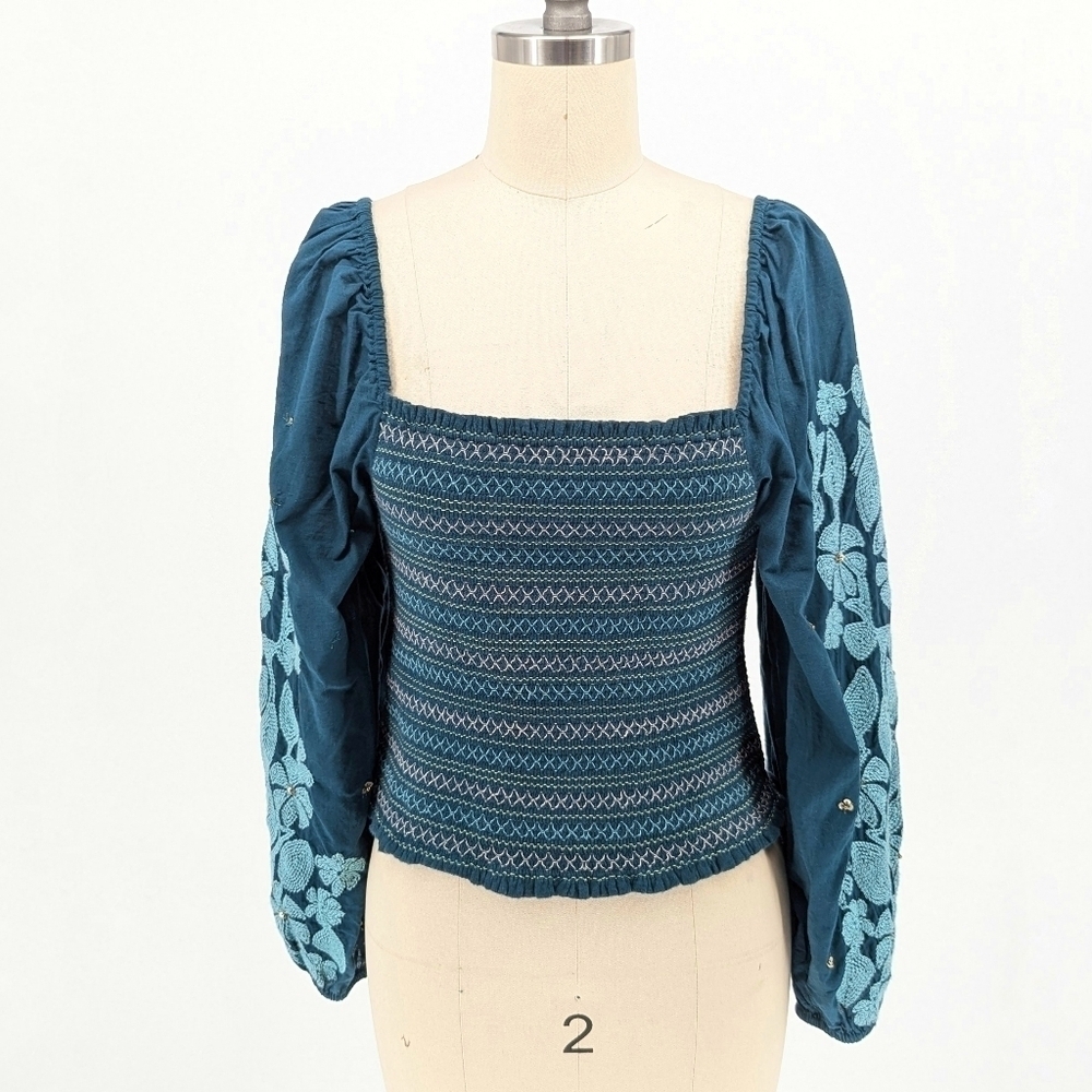 By Anthropologie Smock Balloon Sleeve Top Turquoise XS bohemian boho chic